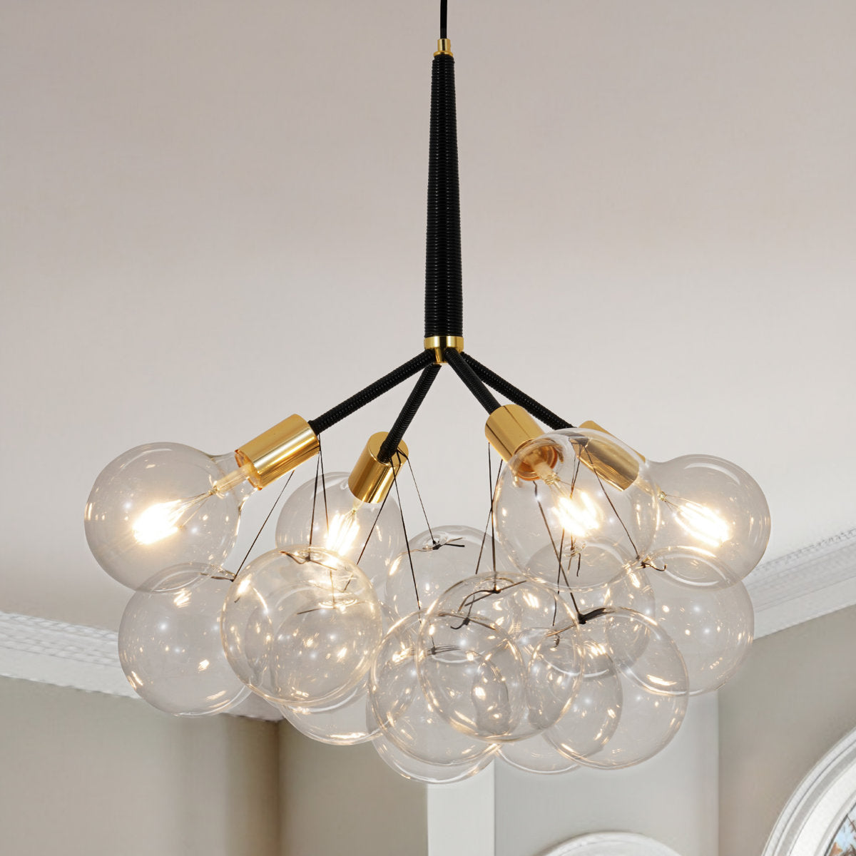 Glass Globe Chandelier with Adjustable Length in Matte Black