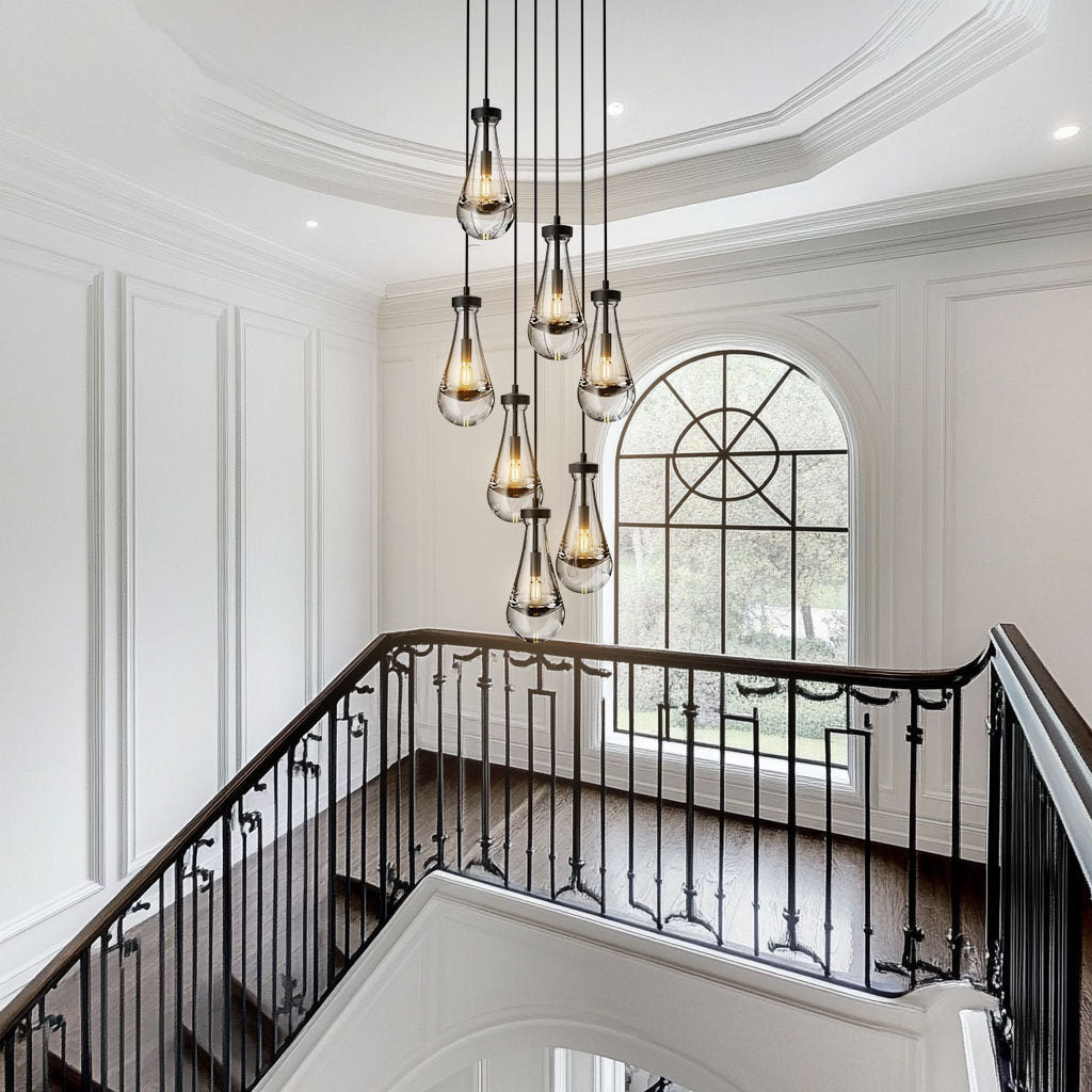 Glass Shade Chandelier with 7 Lights in Matte Black