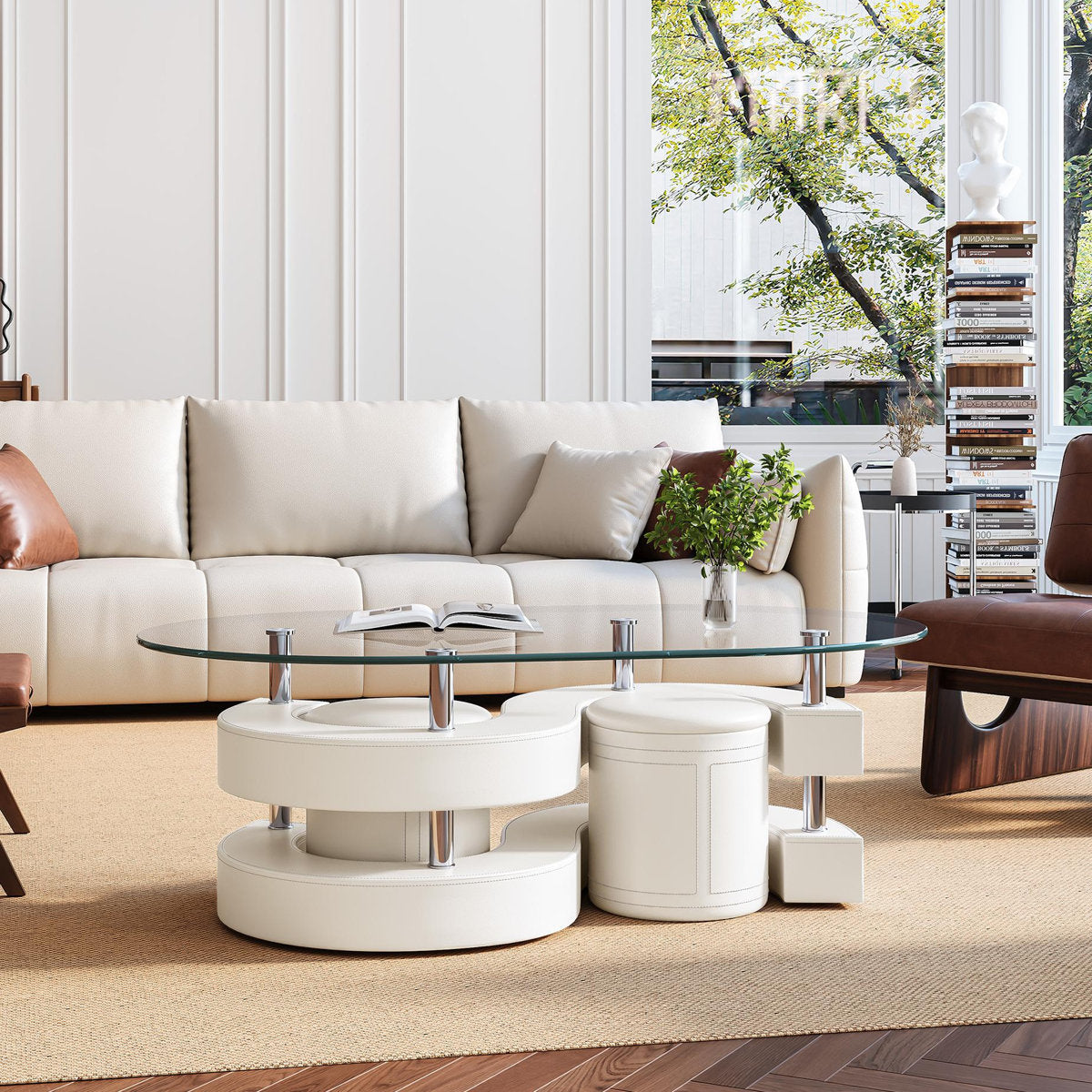 Glass Table with White Base and 2 Stools