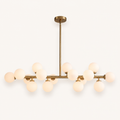 Front | front view of the Marnau Glazenn 16-light sputnik chandelier on a plain background, showing the brass stem, horizontal bar, and staggered frosted glass globes