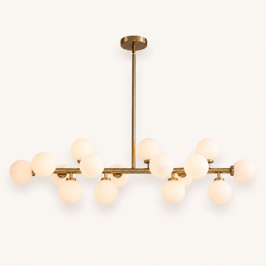 Front | front view of the Marnau Glazenn 16-light sputnik chandelier on a plain background, showing the brass stem, horizontal bar, and staggered frosted glass globes