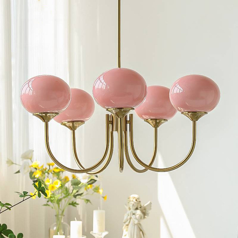 Globe Chandelier, 5 Lights, Pink Glass Shades with Brushed Brass Finish