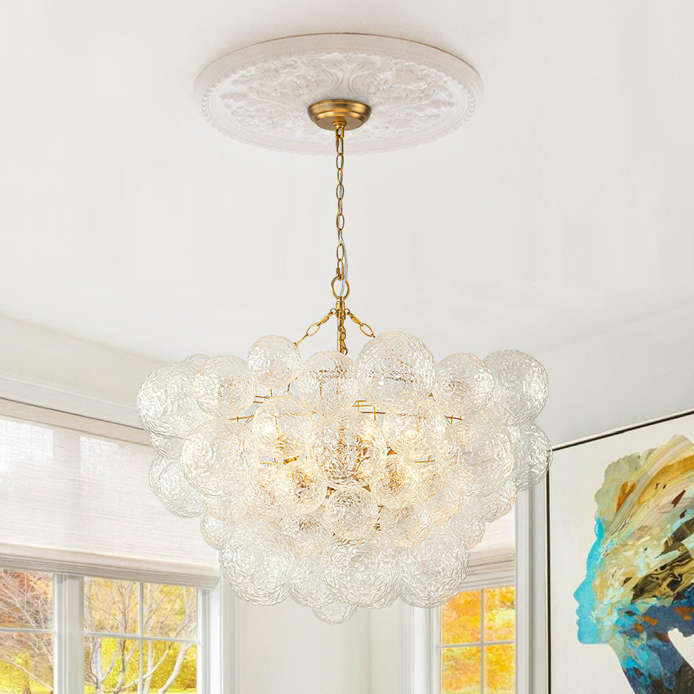 Globe Chandelier, 8-Light, Clear Water Glass with Brushed Brass Finish