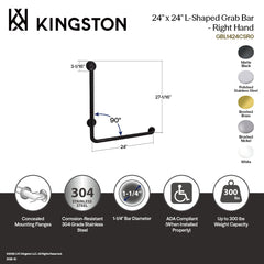 Grab Bar, Tulare, 24 x 24 Inch L-Shaped Right Hand in Brushed Brass