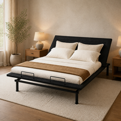 Room 1 angle | Three-quarter bedroom view showing the raised head section, foot handles, support legs, and cream bedding