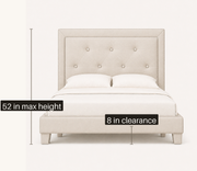Dimensions | Bed front view with underbed clearance and maximum height callouts