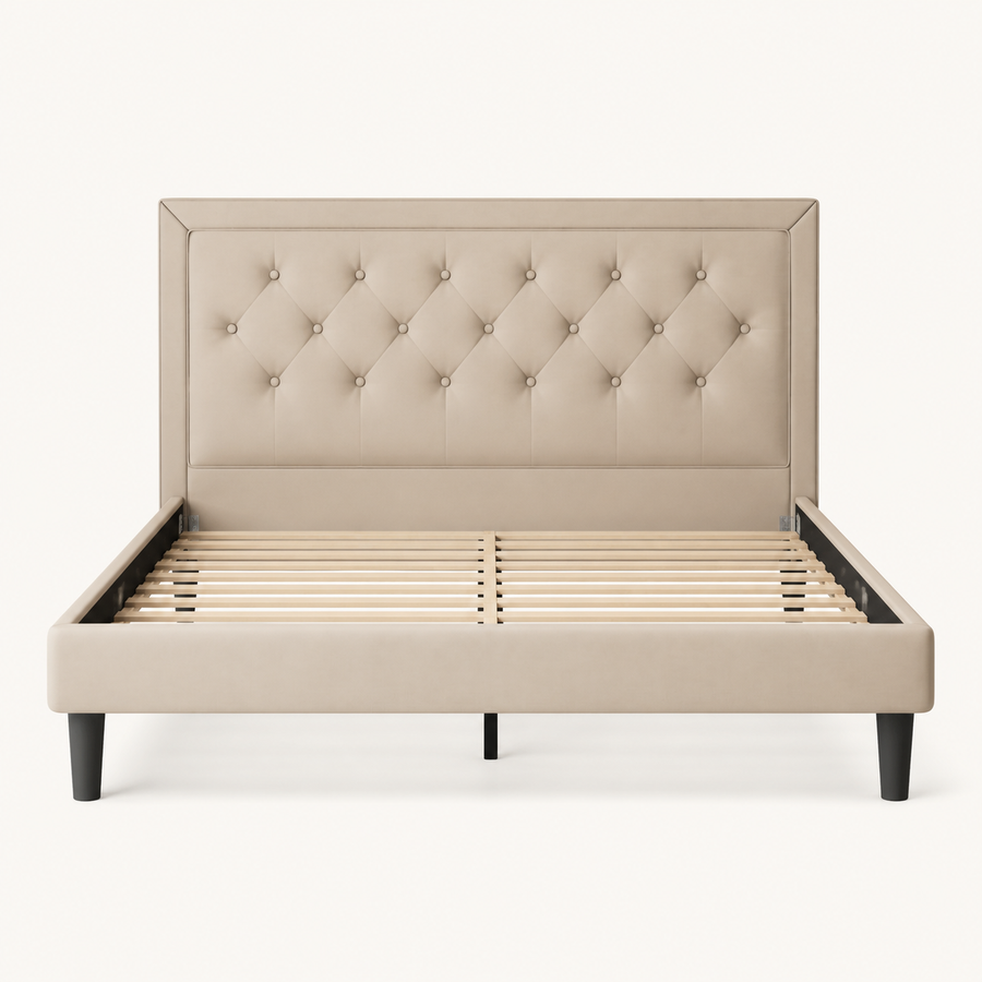 Front | Straight-on studio view of the light beige framed and button-tufted bed