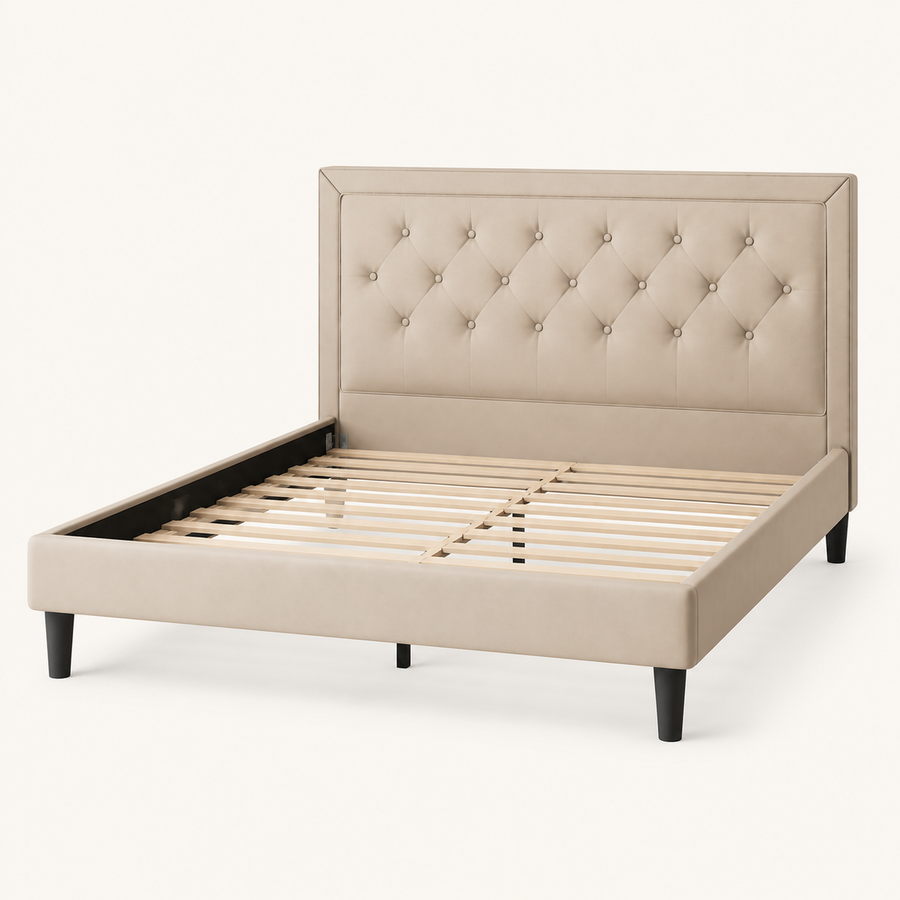 Angle | Front-left studio view showing the upholstered rail and footboard