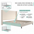 Construction feature | Textured ivory canvas wingback bed with Tloom-font single-piece side-rail callouts