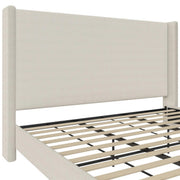 Frame detail | Textured ivory canvas headboard, upholstered rails, wood slats and metal support structure