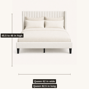 Dimensions | Queen bed showing 62-inch width, 82.5-inch length and 45.5 to 46-inch height