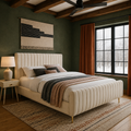 Forest green bedroom | Cream velvet channel-tufted bed with curved footboard and gold legs