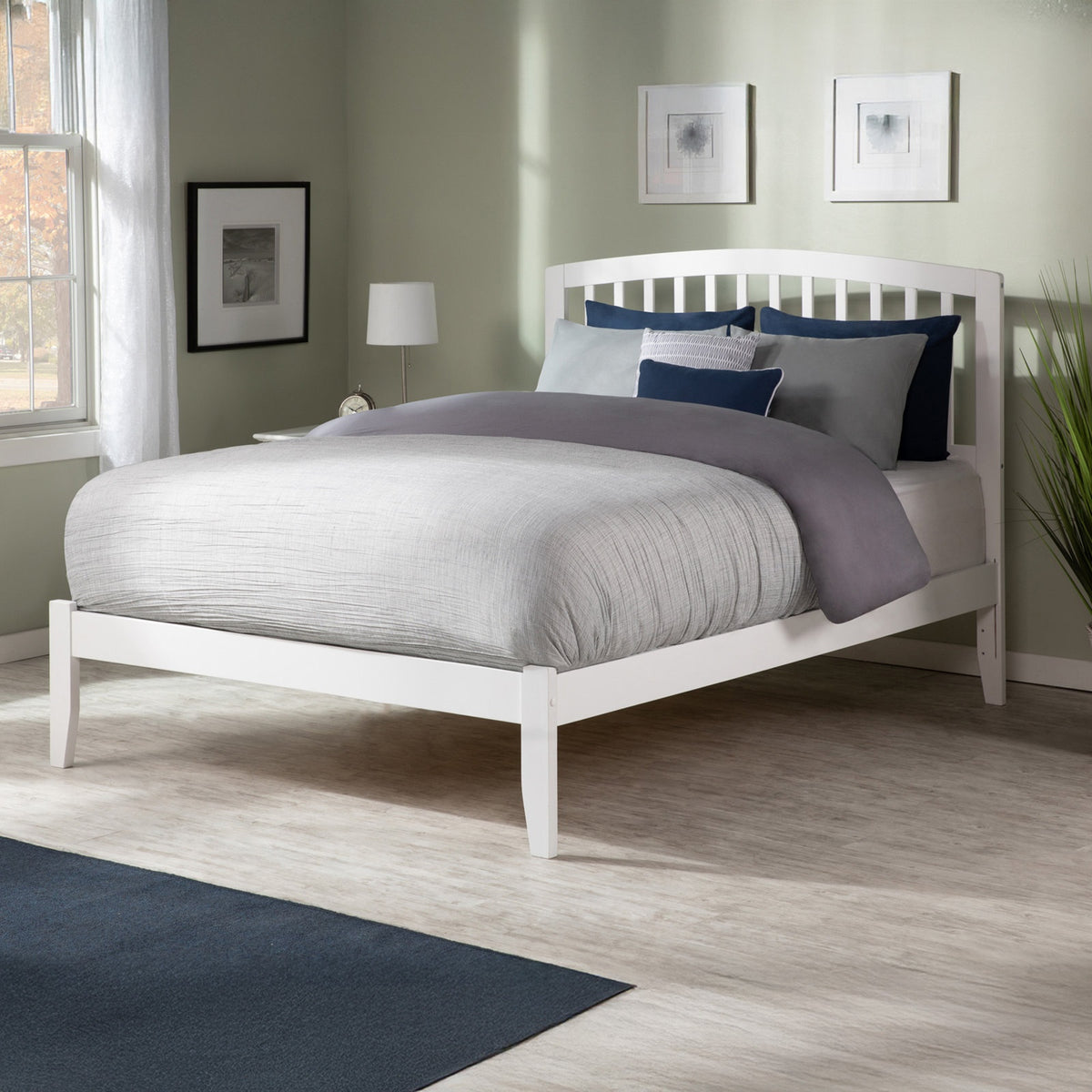 Platform Bed, Full Size, Rubberwood Frame, Arched Slat Headboard, White