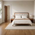 In scale | Walnut and light linen platform bed beside a full interior doorway