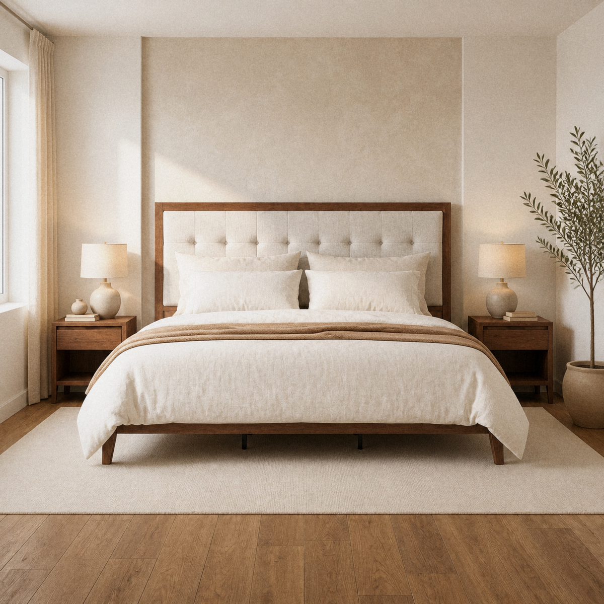 Warm ivory bedroom | Walnut wood and light linen platform bed with matching nightstands