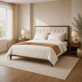 Warm ivory bedroom angle | Walnut and light linen platform bed with matching nightstands