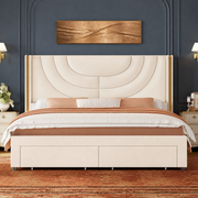 Slate room | Straight-on Cream velvet wingback storage bed against deep slate-blue plaster