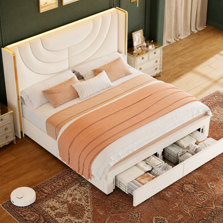 Green room | Overhead view of the Cream velvet storage bed with open drawers and bottle-green walls