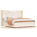 Studio angle | Untouched full view of the Cream velvet wingback drawer storage bed on white
