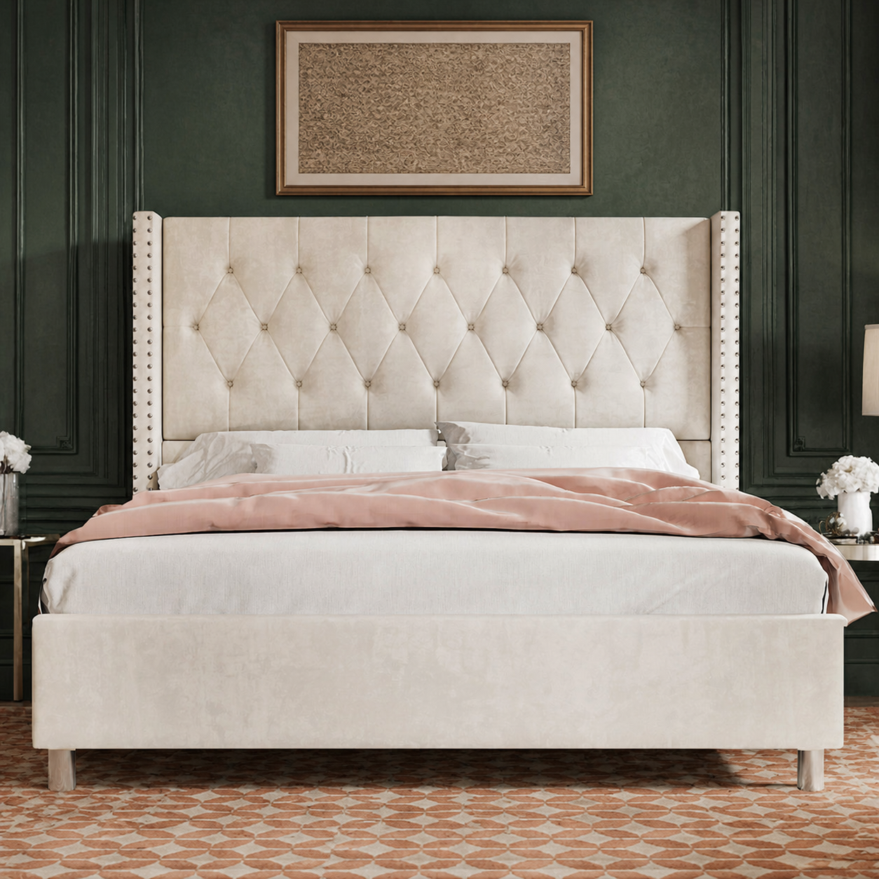 Forest green bedroom | Straight-on view of the Cream tufted wingback bed with a rust geometric rug and framed textile