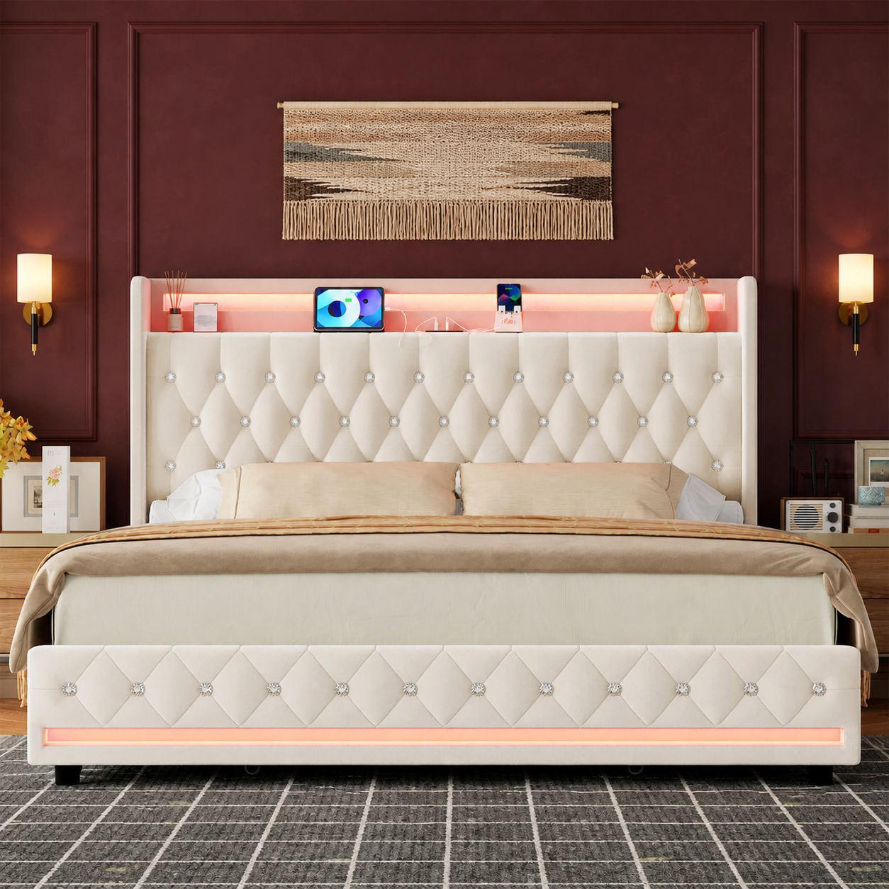 Grevane Egilsay Velvet Storage Bed | Straight-on view in an oxblood red paneled bedroom