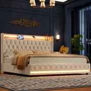 Grevane Egilsay Velvet Storage Bed | Off White velvet storage bed in a midnight blue paneled bedroom
