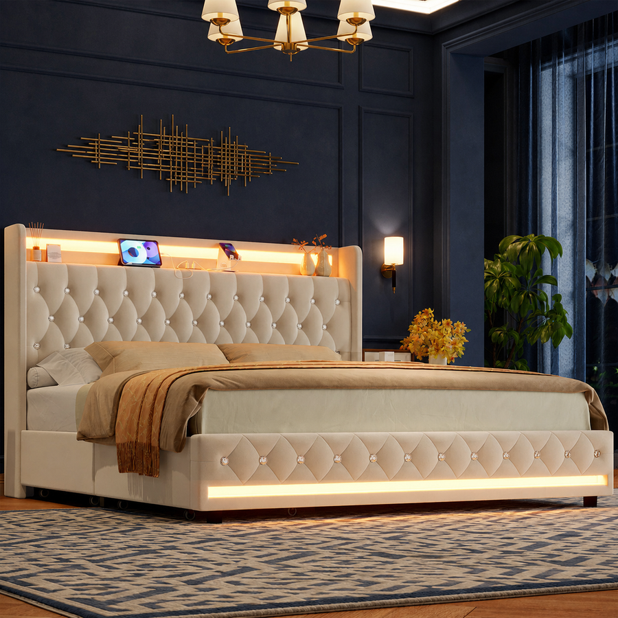 Grevane Egilsay Velvet Storage Bed | Off White velvet storage bed in a midnight blue paneled bedroom