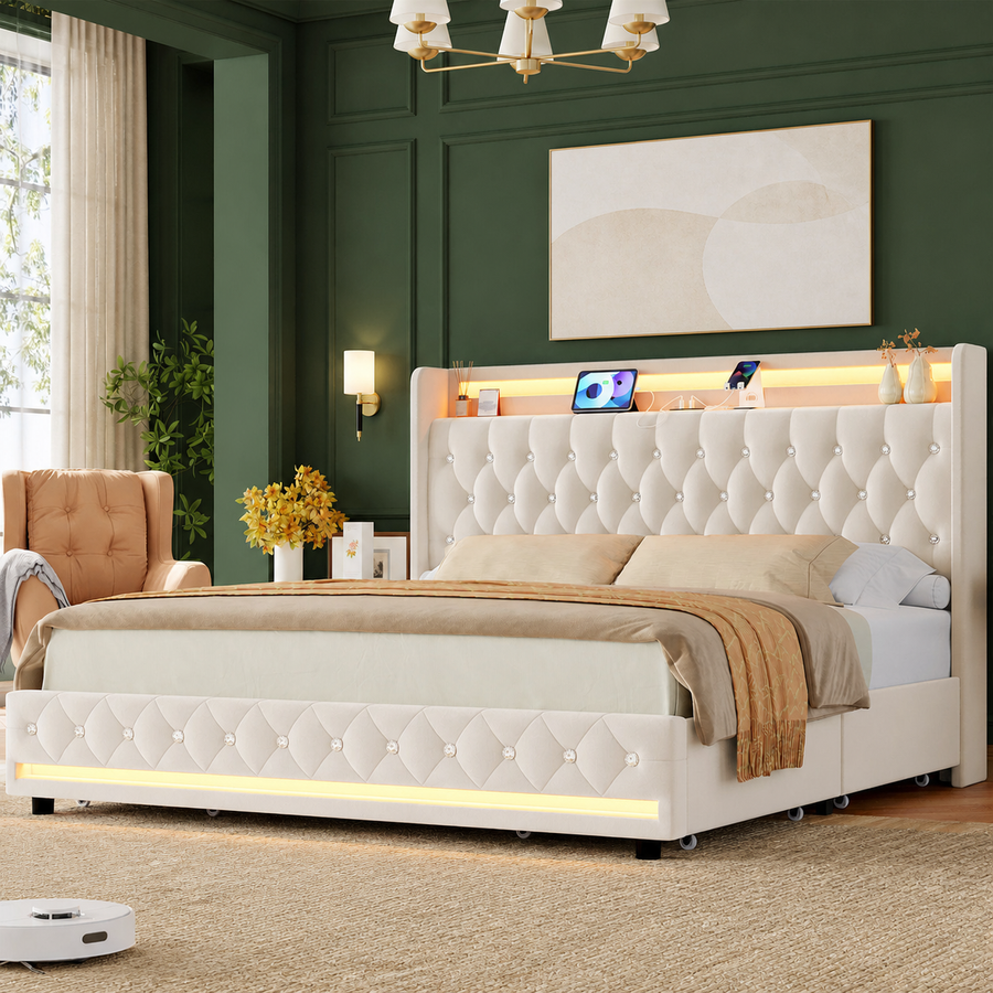 Grevane Egilsay Velvet Storage Bed | Off White velvet storage bed in a deep forest green bedroom