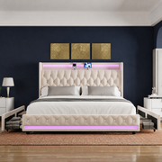 Grevane Egilsay Velvet Storage Bed | Straight-on view with open drawers in an ink navy bedroom