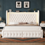 Petrol blue bedroom | Straight-on view of the Beige velvet LED wingback storage bed with matching white nightstands and a rust geometric rug