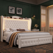 Bottle green bedroom | Three-quarter view of the Beige velvet LED wingback storage bed with a matching white nightstand and charcoal-copper rug