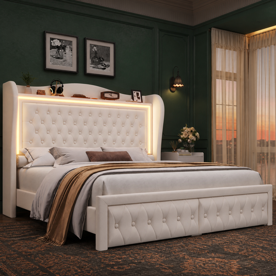 Bottle green bedroom | Three-quarter view of the Beige velvet LED wingback storage bed with a matching white nightstand and charcoal-copper rug
