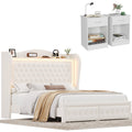 Studio full set | Untouched three-quarter view of the Beige velvet LED wingback storage bed and two matching white nightstands