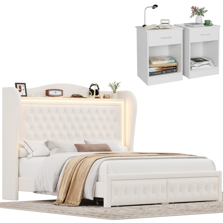 Studio full set | Untouched three-quarter view of the Beige velvet LED wingback storage bed and two matching white nightstands