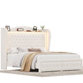 Studio bed angle | Untouched three-quarter view of the Beige velvet LED wingback storage bed