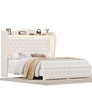 Studio bed angle | Untouched three-quarter view of the Beige velvet LED wingback storage bed