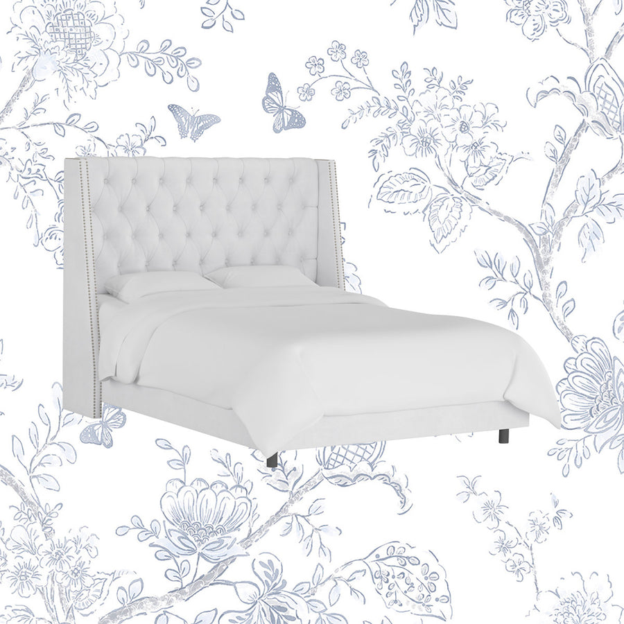 Grevane Fladda Velvet Wingback Platform Bed | untouched Classic White Velvet studio view 1