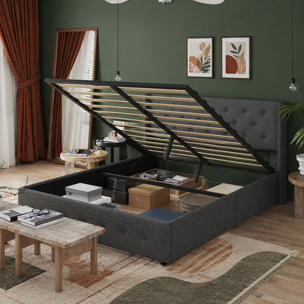 Forest green room | dark charcoal wingback bed with lift-up base open showing storage bins