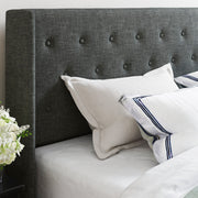 Headboard detail | dark charcoal button-tufted wingback headboard corner with white pillows