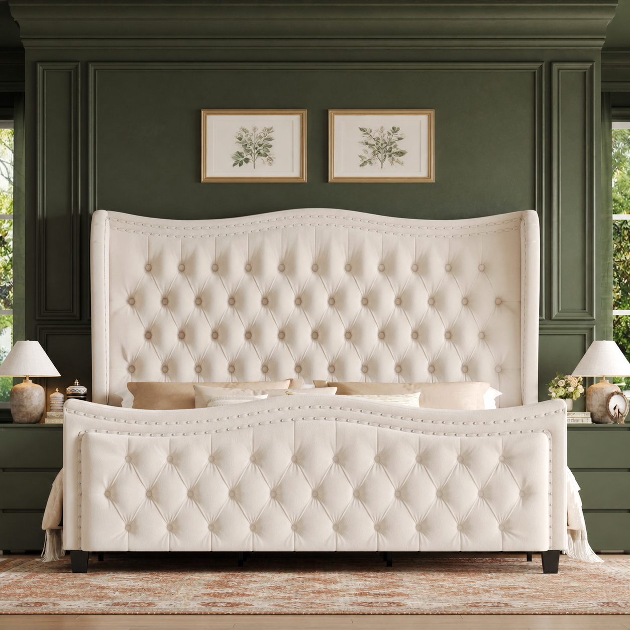 Straight room | Cream velvet wingback bed against deep forest-green moulded walls with botanical art and a rust-toned rug