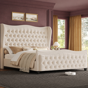 Angled room | Cream velvet wingback bed against dusty-plum walls with ochre curtains and a charcoal geometric rug