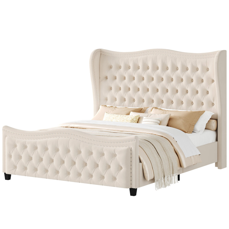 Studio view | Cream velvet wingback bed in a full three-quarter view on a plain white background