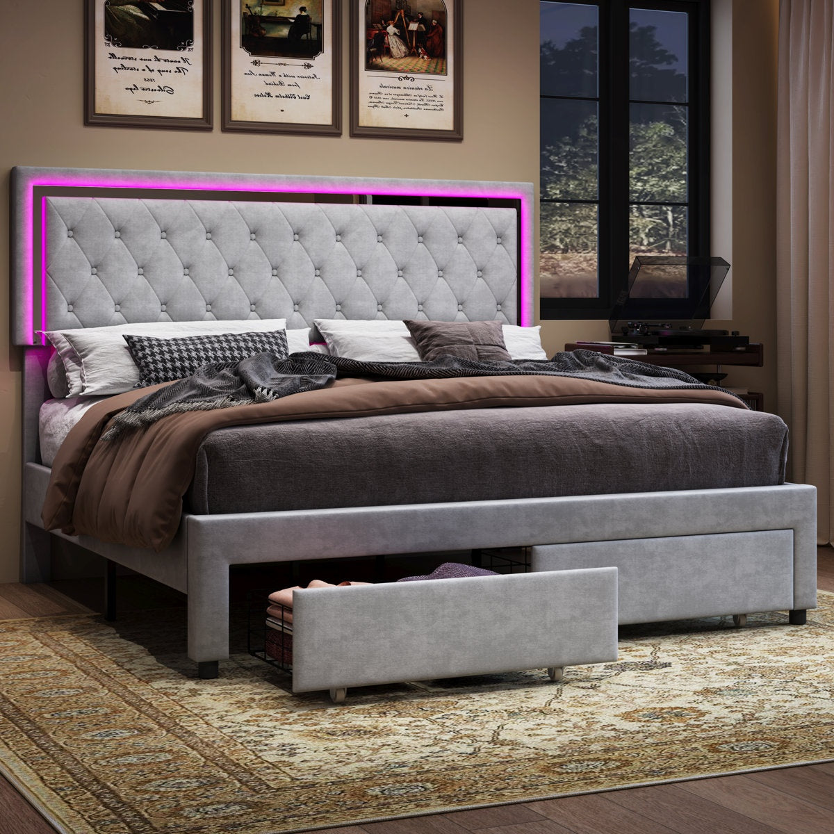 Upholstered Platform Bed with LED Lights and Storage Drawers, King, Light Gray Velvet