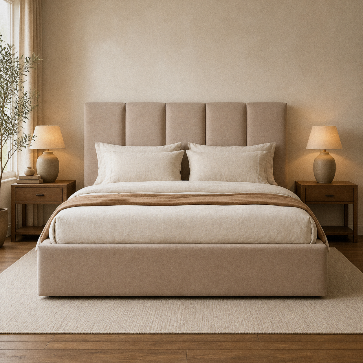 Room 1 | Front view of the beige five-channel upholstered bed in a limewash bedroom with oak nightstands and a plain wool rug