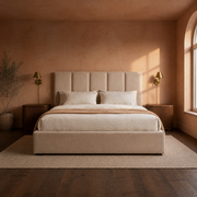 Room 2 | Front view of the beige five-channel upholstered bed in a terracotta bedroom with walnut furnishings and brass sconces