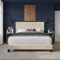 Room | Front view of a Beige upholstered bed against midnight blue walls