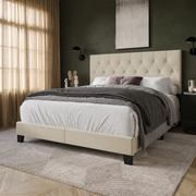 Room | Beige upholstered bed in a deep smoky green bedroom