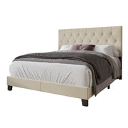 Studio | Dressed Beige upholstered bed in three-quarter view