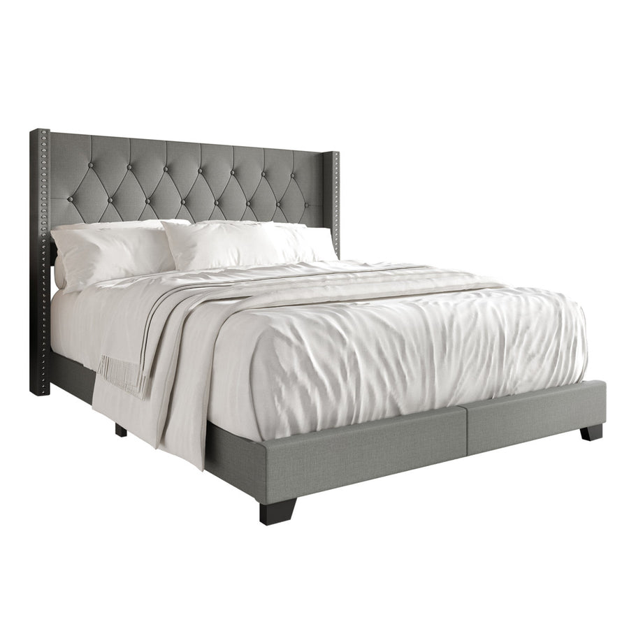Studio angle | Light Gray tufted wingback bed with nailhead trim