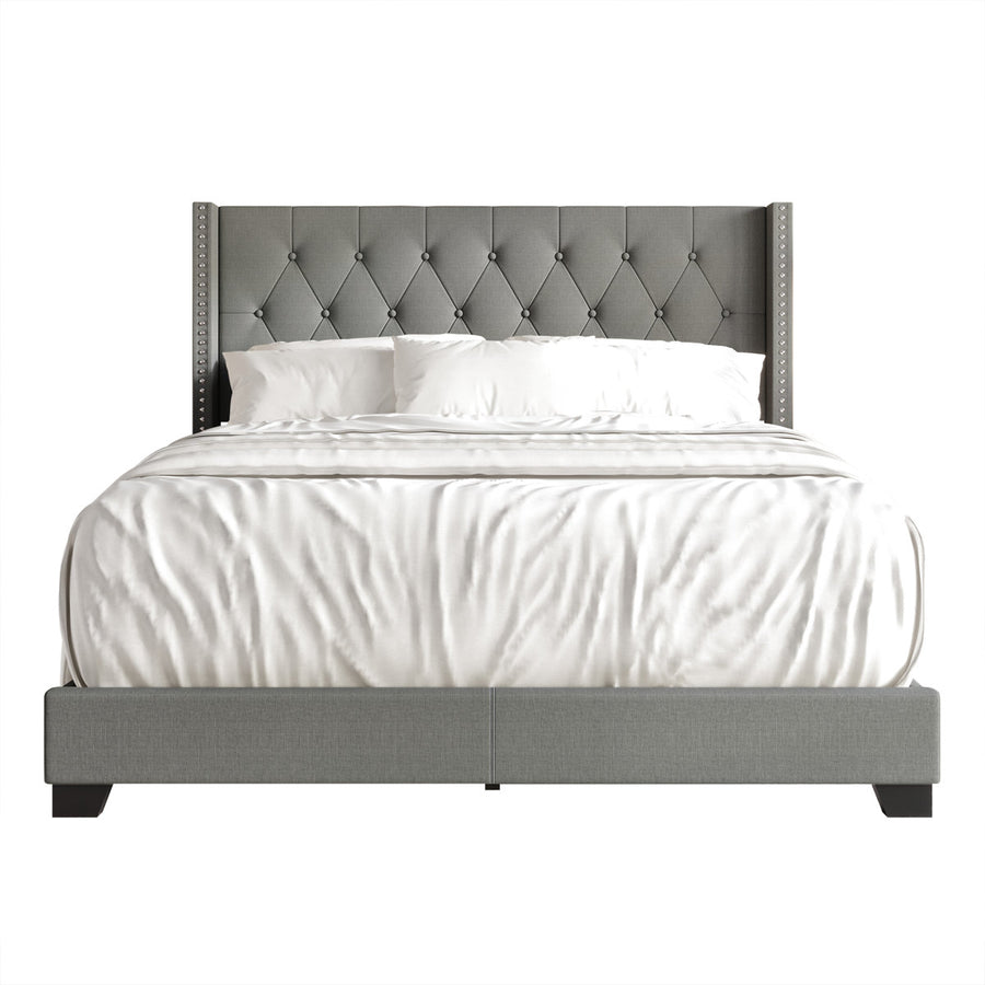 Studio front | Light Gray tufted wingback bed with diamond button tufting